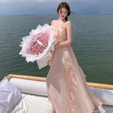 French Gentle Holiday Style Pink Sleeveless Hanging Neck Dress Women Summer High-End Feel Leaves Side A Word Dress