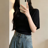 Knitted Women's 2026 New Summer Black Round Collar Design Feeling Short-Sleeved Blouse Temperament Loose Short