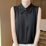 Silk Satin 2026 Spring And Summer Women's New Satin Polo Round Collar Dark Buckle Sleeveless Shirt Solid Color Top
