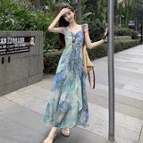 Summer New Super Fairy Faint Printing Sleeveless Dress Holiday Wind To Show Thin Leaves Side Long Skirt