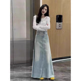 Open Fork Cowboy Half-Dress Woman Trend New High-Waist A-Word Retro Does Not Fade The Color Of Tanning Blue Straight Bag Hip Skirt