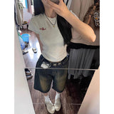 High Street Seven-Point Denim Shorts Women's Summer New To Do Old Loose Broad Legs Slim Straight Trousers