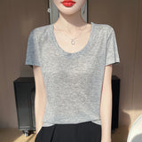2026 Spring And Summer Women's New Shoulder Short T-Shirt Fashion U Collar Slim Bottom Shirt Short Sleeve Thin Fashion Top