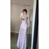 French Gentle Temperament Blue Broken Flower Sling Dress Seaside Holiday Beautiful Unique Waist A Word Long Skirt
