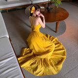 Dopamine-Miny Yellow Sling With Button-Dew Back Sling Fairy Long Dress Island Resort Beach Skirt
