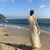 Banquet Dress Female Senior Birthday Small Dress Heavy Industry Wrinkle Sexy Slant Shoulder Outcry Holiday Dress