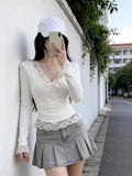 Sweet Hottie Pure Lust Lace Side Long-Sleeved Shirt Girl Early Autumn Wearing A Bottom Shirt Sweet Blouse V Collar Bow