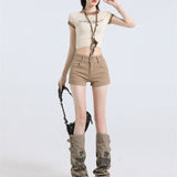 Qaqi-Colored Denim Shorts Women 2025 Summer Trend With New Brown High-Waisted Hot Trousers