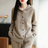 100% Pure Wool 2026 Autumn And Winter New Women's Loose Hooded Thick-Sling Knitted Sweater Jacket