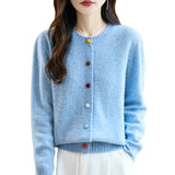 100% Pure Wool 2026 Autumn And Winter New Women's Loose Round Collar Color Buckle Thick Knitted Cardigan Jacket