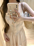 French Gentle Pink Bow Sling Dress Female Super Fairy Lace Lace Lace Lace Lace To Receive Waist A Long Dress