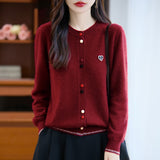 100% Pure Wool 2026 Autumn And Winter New Lady Loose Collar Design Color Buckle Top Knitted Cardigan Jacket