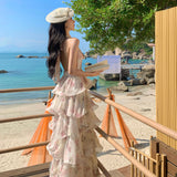 French Holiday Dress Women Pure Desire Sexy Back Hanging Neck Chiffon Print Cake Long Dress Temperament Birthday Dress