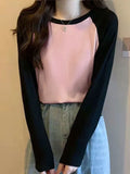 Long-Sleeved T-Shirt Women's Spring New Korean Version Of The Collage Splicing Round Collar Bottom Jersey Fat MM Large Size Women's Loose Top Tide