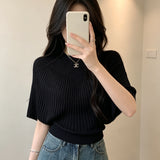 Knitted Women's 2026 New Summer Black Round Collar Design Feeling Short-Sleeved Blouse Temperament Loose Short