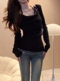 Black Hanging Neck Fake Two Folding Long-Sleeved T-Shirt Girl Spring New Hot Girl Pure Style Repair Bottom Shirt Top