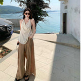 Old Money Style Lazy And Relaxed Holiday Wearing A Female Summer Hanging Neck On The Back Of The High Waist Broad Leg Trousers Two Sets