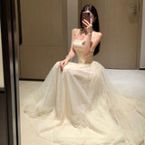White Mesh Yarn With Thoracic Neck Dress Women's Summer Seaside Holiday Wind Beautiful Waist Birthday Dress Long Dress