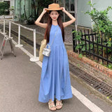 2026 New Design Feeling Waist Thin A-Character Skirt Holiday Style Temperament Blue Vest Small Dress