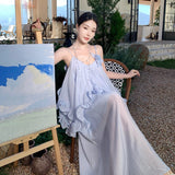 Yunnan Dali Seaside Resort Sling Dress Women's Blue Heavy Industry Three-Dimensional Flowers Lotus Leaf Side Beautiful Long Skirt
