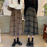 Autumn And Winter Folding Skirt Curry Lattice Half Skirt Girl Long High-Waisted A Small Man Big Umbrella Skirt