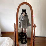 Hepburn Wind Gray Hair Coat Women Autumn And Winter New Long Bows This Jacket Coat Small