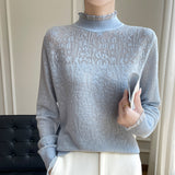 Wool Blended 2026 Autumn And Winter New Women's Lace Splicing Hollow Half-High Collar Knitted Shirt Sweater