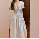 College Style Navy Striped Short-Sleeved Dress Women's Summer 2026 New High-End Feel Waist Temperament Dress