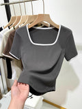 Black T-Shirt Women's Short-Sleeved Collar 2026 New Summer Color Niche Design Sense Hit The Bottom Of The Top Of The Shirt