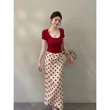 2026 Summer New Retro Port Storm Red Short-Sleeved Top With Casual Slimming Skirt Two-Piece Set