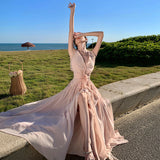 High-End Feeling Sleeveless V-Neck Hanging Neck Dress Gentle Temperament Wood Ear Side By-Back Seaside Beach Dress Super Fairy