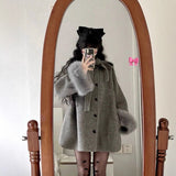 Hepburn Wind Gray Hair Coat Women Autumn And Winter New Long Bows This Jacket Coat Small