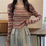 Crash Striped Long-Sleeved Knitted Shirt Women Autumn Design Sense Of Small Slim Slimming Short Chic On The Dress