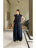 Korean Vintage Little Denim Set Of Female Lapel Clasp Blouse With High-Waist Straight Broad Leg Pants Two Sets