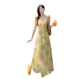 2025 Summer New Bag Of Hip Fish Tail Long Dress Yellow Broken Flowers V-Neck French Printing Temperament Slim Slimming Dress