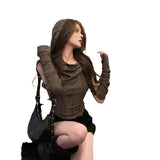 Wasteland Tying Y2k Sweet Hottie Short Sleeve Top Female Spring Hole-Breaking Vest Hooded Bottom Shirt