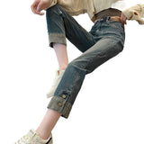 Vintage Smoke Tube Jeans Women Autumn 2025 New Thin High-Waisted Small Nine-Point Elastic Straight Pants Tide