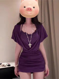 Purple Sexy Short-Sleeved Dress Women Summer Folds Design Small Pure Babes To Collect Thin Bag Of Hips