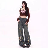 Vintage Side Zip-And-Rhair Straight Jeans Women's Spring And Summer Trend New Butterfly Sticker Drag Trousers