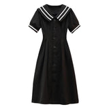 Navy Collar Dress Women's Summer Loose Long And Short Waists Thin A-Word Dress Retro Bubble Sleeves Small Black Dress
