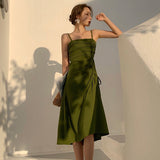 Summer New Long Avocado Green Little Fairy Dress A Word Waist Drawstring Slings Holiday Dress Woman