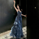 Seaside Holiday Blue Necromanite High-End Feel Lotus Leaf Side Hanging Dress Female Design Feel Back Open Fork Dress