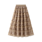 Autumn And Winter New French Gentle Design Lotus Leaf Side Mesh Cake Half-Body Unkempt Dress Woman 0302