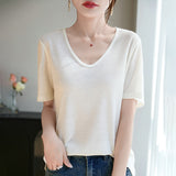 Lyselle Tiansi 2026 Spring And Summer Women's New Short-Sleeved V-Neck Solid Color T-Shirt Short-Sleeved Sleeves Comfortable T-Shirt