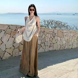 Old Money Style Lazy And Relaxed Holiday Wearing A Female Summer Hanging Neck On The Back Of The High Waist Broad Leg Trousers Two Sets