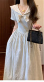 College Style Navy Striped Short-Sleeved Dress Women's Summer 2026 New High-End Feel Waist Temperament Dress