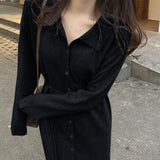 Thirteen Lines Of Early Autumn Dress Long Sleeves Thin Knitted Skirt French Long Sweater Skirt Polo Tie Dress