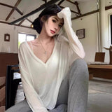 White Thin V-Neck Long-Sleeved T-Shirt Women's Summer Loose Sunscreen Shirt Casual Languid Windshield Top