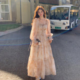 French Style Collar Bubble Sleeve Chiffon Floral Dress Women's Spring And Autumn Fairy Dress First Love Gentle Fengsen Long Dress