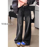 Black-Gray Straight Jeans Women Autumn And Winter Plus Velvet Large-Size Fat Mm Loose Thin Pear-Shaped Tall Waist Broad Leggings